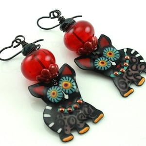 1523#, Red Black Cat Earrings, Cat Earrings, Cat Enameled Earrings, USA Made Jewelry, Her Him They Best Friend Gift, ChrisKaitlynJewelry