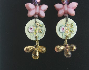 1709# Listed Earrings, Butterfly Earrings, Boho Pink Porcelain Earrings, Lite Weight Earrings, Gift Her Him They, ChrisKaitlynJewelry