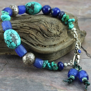 214#, Boho Hippie Turquoise, Lapis Lazuli, & Faceted Blue Glass Trade Beads Bracelet, Her Him They Bracelet, ChrisKaitlynJewelry