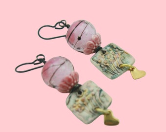 1705# Earrings, Bird Earrings, Heart Earrings, Boho Pink Porcelain Earrings, Lite Weight Earrings, Gift Her Him They, ChrisKaitlynJewelry