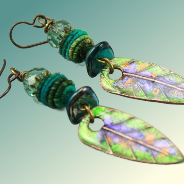 1837#, Green Leaf Earrings, Resin Covered Painted Copper Earrings, USA Made Jewelry, Her Him They Best Friend Gift, ChrisKaitlynJewelry