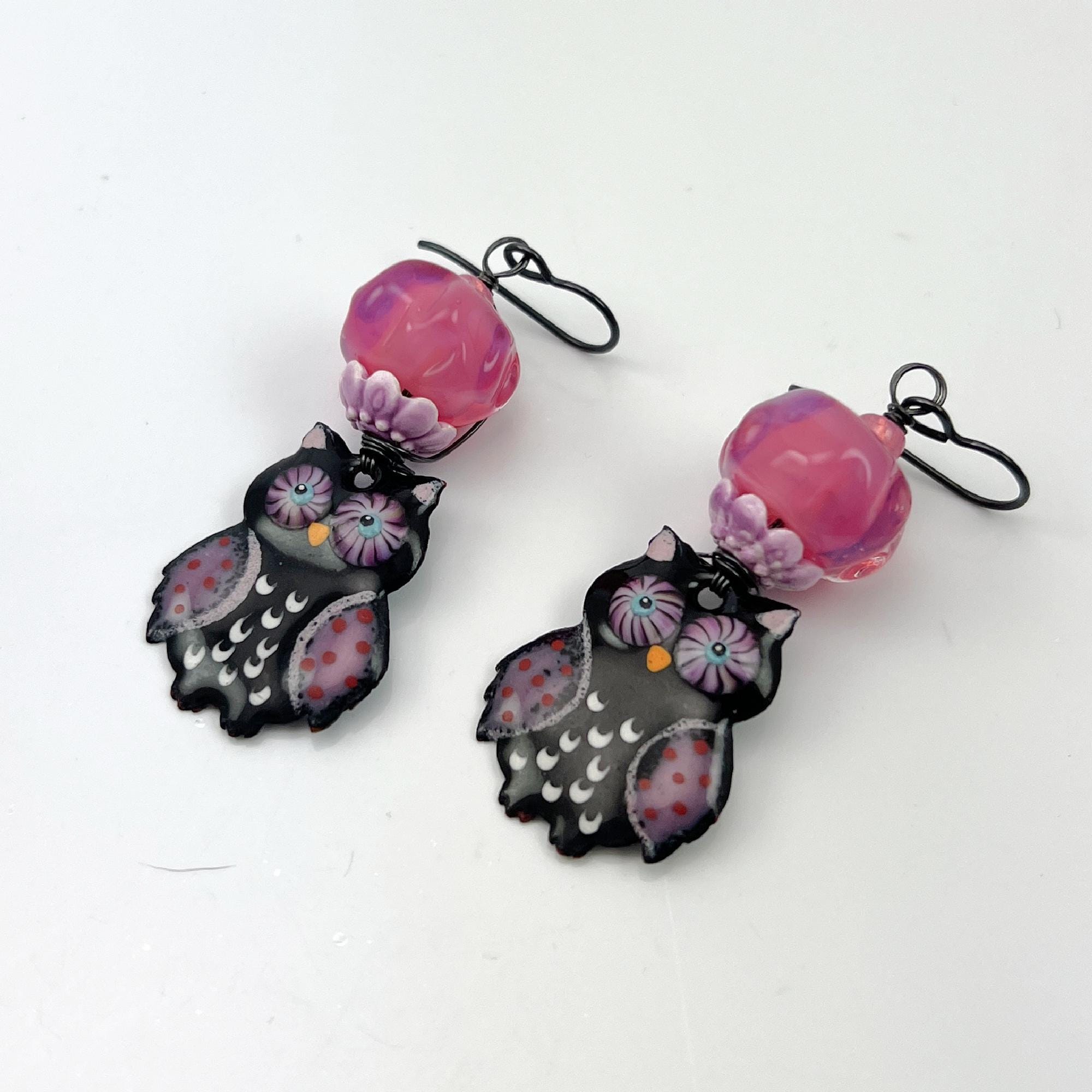 Purple Owl Earrings, Boho Pink Black Owl Earrings, Wisdom Earrings, Glass Enameled Earrings, ChrisKa