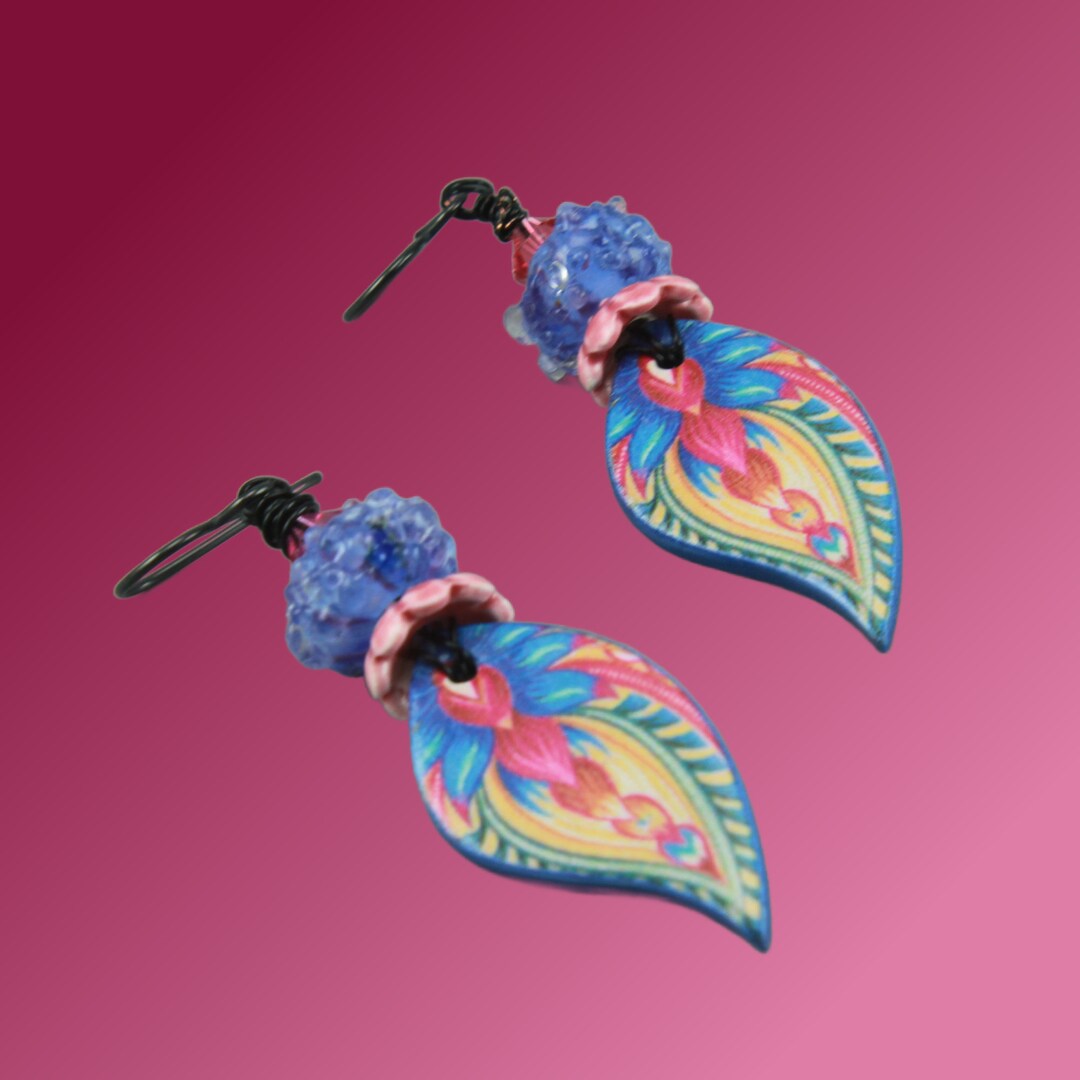1426, Boho Blue Pink Earrings, Lite Polymer Earrings, Floral Earrings