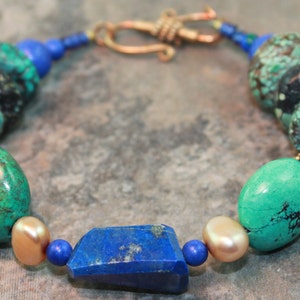 188#, Rustic Lapis Turquoise Gem Bracelet, Boho Hippie Bracelet, Rustic Boho Bracelet, Gift Bracelet Her Him They, ChrisKaitlynJewelry