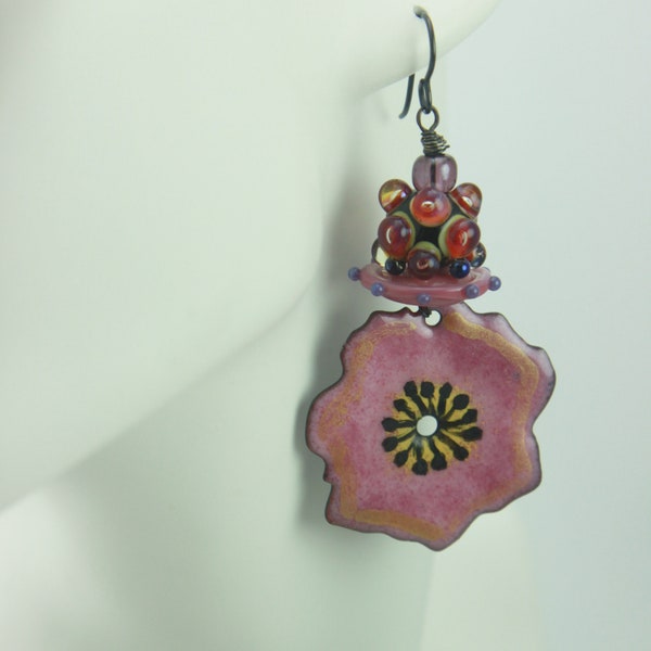 1745B#, Boho Hippie Earrings, Pink Flower Enameled Earrings, USA Made, Gift for Her Him They Best Friend, ChrisKaitlynJewelry