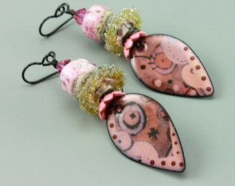 1419#, Boho Hippie Pink Earrings, Romantic Pink Enameled Earrings, USA Made Jewelry, Gift for Her Him They Best Friend, ChrisKaitlynJewelry