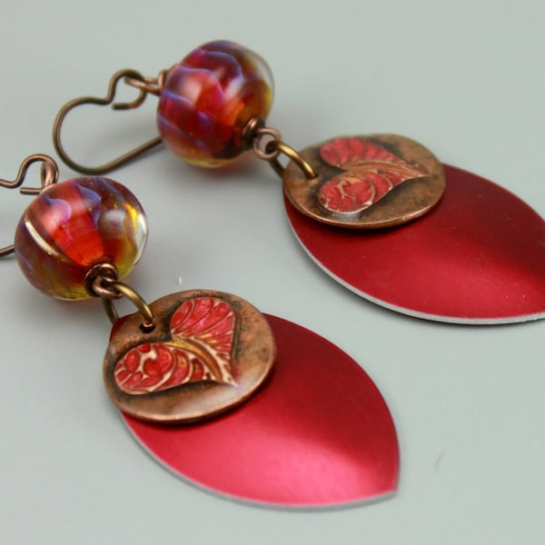 1298#, Heart Earrings, Rustic Boho Hippie Heart Red Earrings, Unique Earrings, USA Made, Gift for Her Him They, ChrisKaitlynJewelry