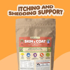 May include: Brown paper bag with a label that says "makondo Pets" and "Skin & Coat Daily Supplement". The bag contains chewable tablets for dogs and cats to support healthy skin and coat. The label also lists ingredients like omega-3 fatty acids, proteins, minerals, vitamins, and amino acids.