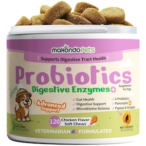 May include: A white and pink container of dog chews labeled "Probiotics Digestive Enzymes+" with a cartoon dog illustration. The container includes text about gut health, digestive support, and microbiome balance. The container holds brown, cube-shaped chews.