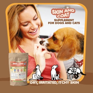 May include: A brown bag of dog and cat supplement powder with the words "Skin & Coat" on the front. The bag is next to a woman smiling and petting a dog. The text "SKIN AND COAT SUPPLEMENT FOR DOGS AND CATS" is in a speech bubble above the woman and dog. Three black and white illustrations of dogs with itchy skin are below the bag with the text "DRY, IRRITATED, ITCHY SKIN".