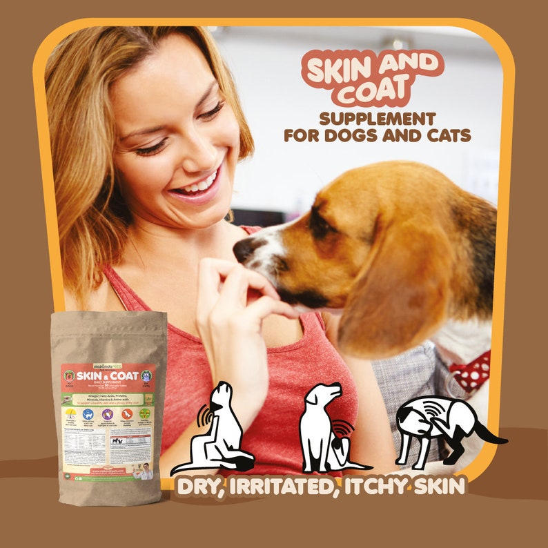 May include: A brown bag of dog and cat supplement powder with the words "Skin & Coat" on the front. The bag is next to a woman smiling and petting a dog. The text "SKIN AND COAT SUPPLEMENT FOR DOGS AND CATS" is in a speech bubble above the woman and dog. Three black and white illustrations of dogs with itchy skin are below the bag with the text "DRY, IRRITATED, ITCHY SKIN".