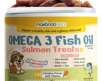 Golosinas para perros con aceite de pescado Omega 3 – Salmón, para la salud de la piel y el pelaje. 120 masticables blandos.