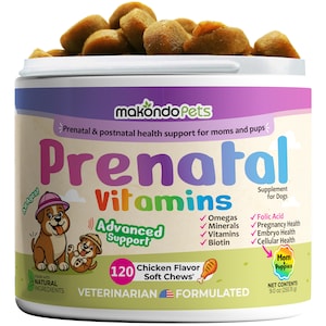 May include: A container of dog prenatal vitamins with soft chews. The label reads "Prenatal Vitamins" and "Chicken Flavor Soft Chews." The container features illustrations of dogs and lists ingredients and benefits.
