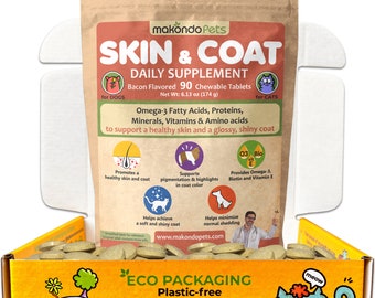 Suplemento Omega 3 para la piel y el pelaje de perros y gatos - Sabor a tocino, 90 comprimidos masticables