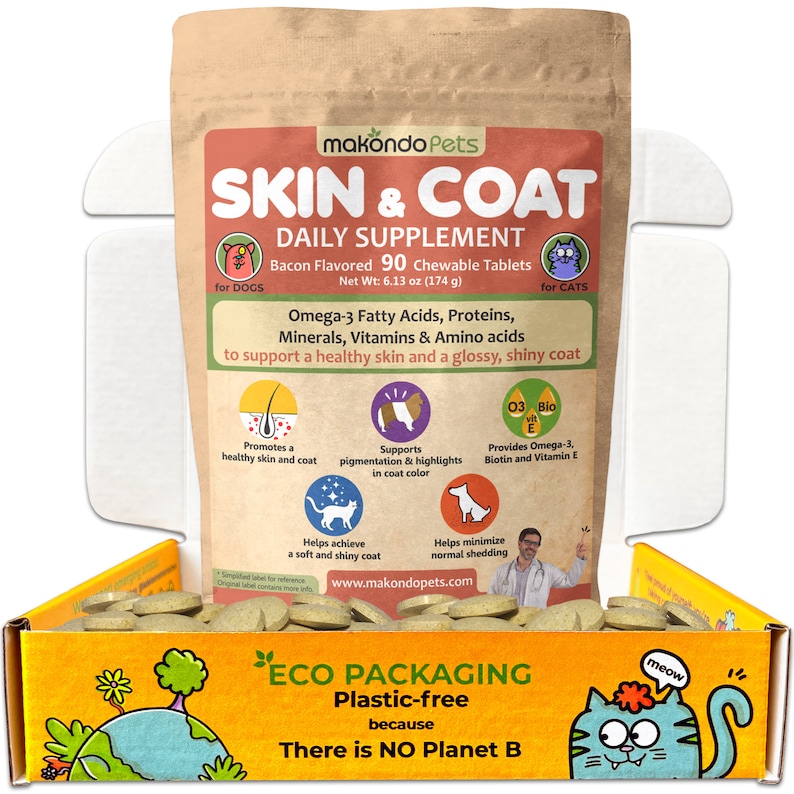 May include: A bag of 90 bacon flavored chewable tablets for dogs and cats to support healthy skin and coat. The bag is labeled "Skin & Coat Daily Supplement" and features a cartoon dog and cat. The bag is sitting on a yellow box with the text "ECO PACKAGING Plastic-free because There is NO Planet B" and a cartoon cat.