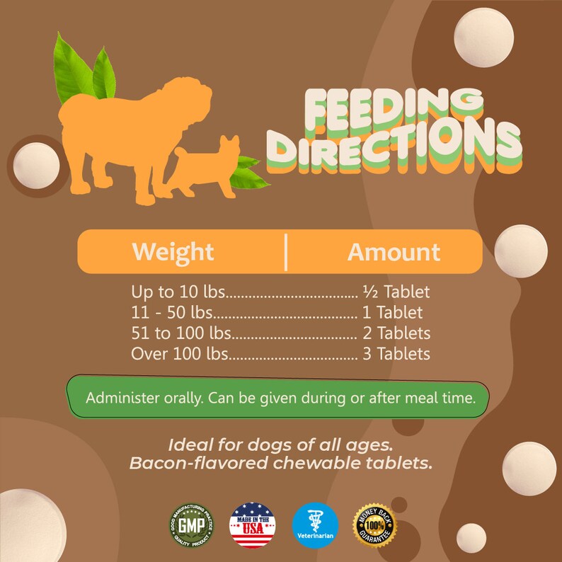 May include: A brown and orange illustration of a dog and a puppy with the text "Feeding Directions" above a chart showing the amount of bacon-flavored chewable tablets to give a dog based on its weight. The chart shows the weight in pounds and the amount in tablets. The text "Administer orally. Can be given during or after meal time." is below the chart. The text "Ideal for dogs of all ages. Bacon-flavored chewable tablets." is below that. The image also includes four logos: GMP, Made in the USA, Veterinarian, and Money Back Guarantee.