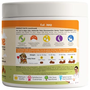 Puede incluir: Un envase blanco de Makondo Pets Glucosamine Hemp Treats Supplement para perros. La etiqueta incluye informaci&oacute;n del producto, instrucciones de uso y una tabla de dosis diaria seg&uacute;n el peso. Tambi&eacute;n presenta iconos y texto.