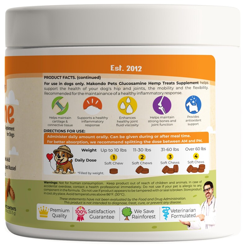 Puede incluir: Un envase blanco de Makondo Pets Glucosamine Hemp Treats Supplement para perros. La etiqueta incluye informaci&oacute;n del producto, instrucciones de uso y una tabla de dosis diaria seg&uacute;n el peso. Tambi&eacute;n presenta iconos y texto.