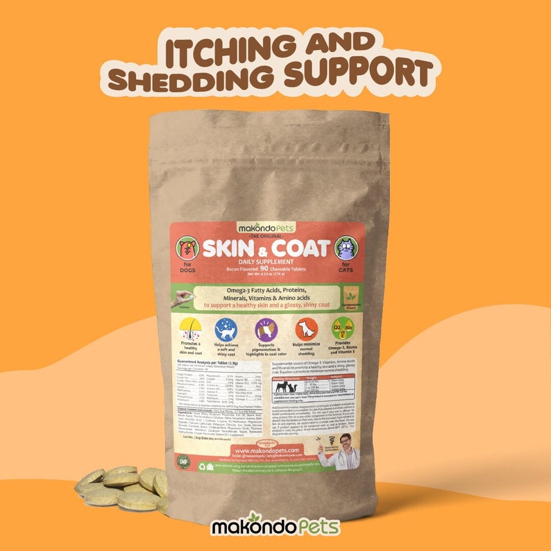 May include: Brown paper bag with a label that says "makondo Pets" and "Skin & Coat Daily Supplement". The bag contains chewable tablets for dogs and cats to support healthy skin and coat. The label also lists ingredients like omega-3 fatty acids, proteins, minerals, vitamins, and amino acids.