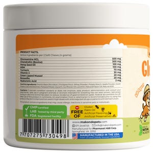 Puede incluir: Un envase blanco de suplementos para mascotas con una etiqueta naranja y verde. La etiqueta enumera ingredientes activos como Glucosamina HCL y Aceite de Semilla de C&aacute;&ntilde;amo. El producto est&aacute; certificado por GMP y fabricado en EE. UU.
