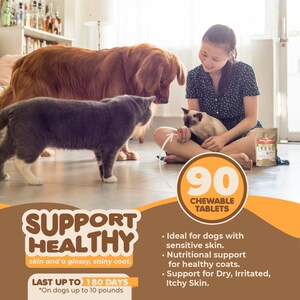 May include: A woman sits on the floor with a cat in her lap. A golden retriever and a gray cat are in the background. The image includes a bottle of chewable tablets with the text "90 Chewable Tablets" and the text "Support Healthy Skin and a Glossy, Shiny Coat." The text also says "Last Up To 180 Days*On dogs up to 10 pounds."