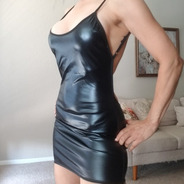 Black Sexy Faux Leather Club Mini Dress Backless C9