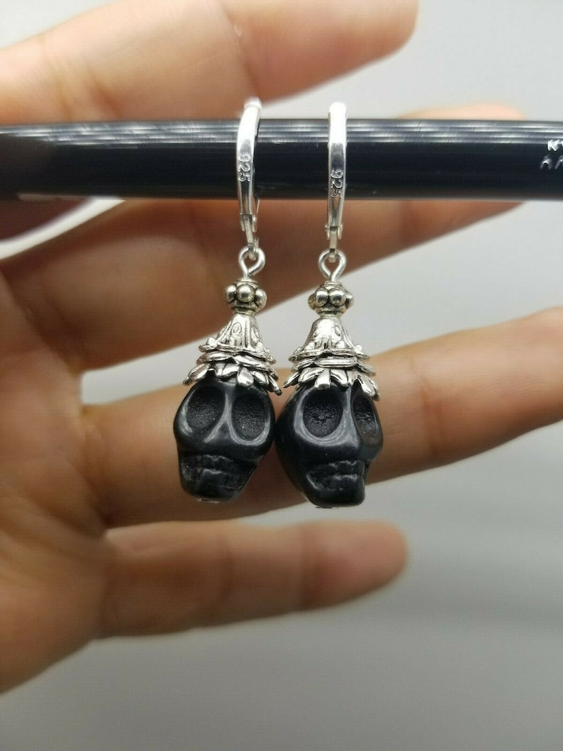 925 Sterling Silver Hook Black Howlite Skull Dangle Earrings J10