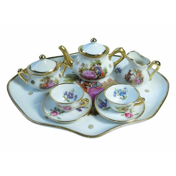 Limoges France Doll Sized 10 piece Tea Set Floral/Lovers Pattern