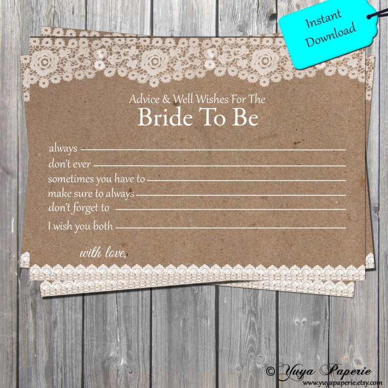 Lace Rustic Bride To Be Well Wishes Advice Card INSTANT DOWNLOAD digital Advice Card also available professionally printed