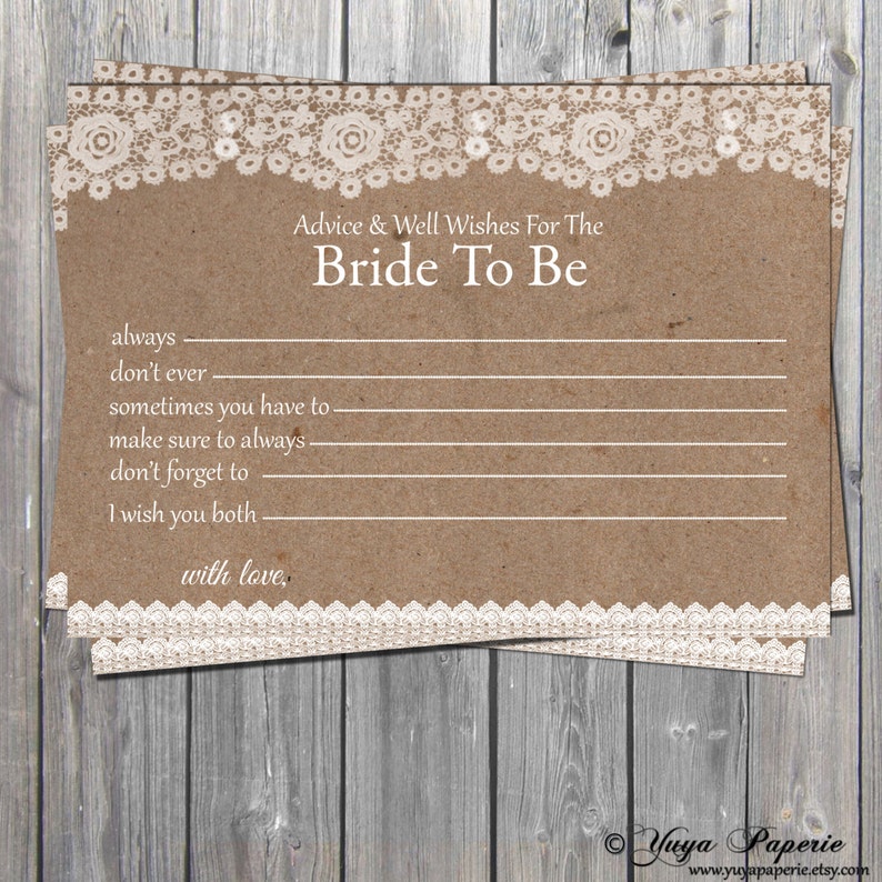Lace Rustic Bride To Be Well Wishes Advice Card INSTANT DOWNLOAD digital Advice Card also available professionally printed