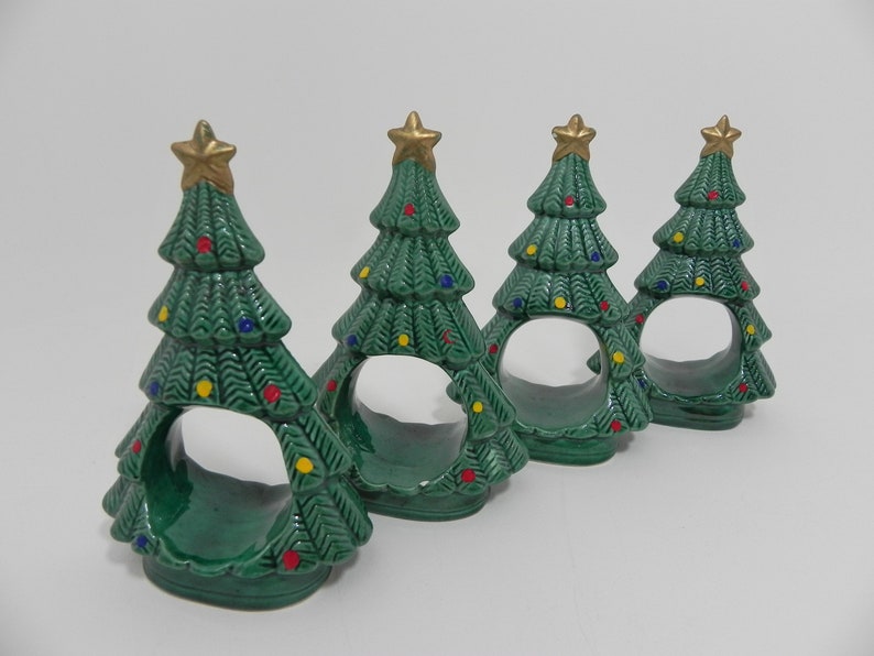 Ceramic Christmas Tree Napkin Rings Ron Gordon Designs RGD 1982 Napkin Holders Set of Four