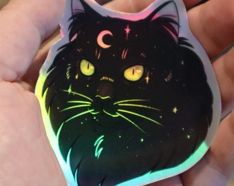 Holo-KLISTERKLISTER (7,5 cm) - Vacker mystisk svart katt med stjärnklar natt, holografisk klistermärke
