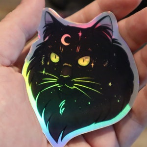 Holo STICKER (3") - Lindo adesivo holográfico de noite estrelada de gato preto místico