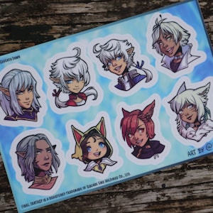 May include: A set of eight stickers featuring cartoon illustrations of characters with white, grey, and pink hair. The stickers are on a blue background with white clouds. The text "Echoes of the Seventh Dawn" and "Art by @LadyTisi" are visible on the stickers.