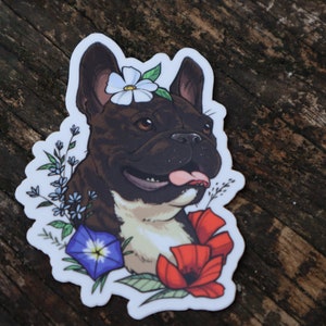 STICKER (3") - Frenchie French Bulldog Boston Terrier Brindle Markings cute Floral Fauna