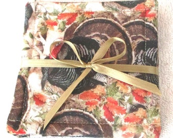 COASTER SET~THANKSGIVING~Turkeys~Cornucopias~Autumn Leaves~Fabric~Set Of 4~Reversible~Washable~Lined~Home & Table Decor~New