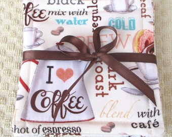 UNTERSETZER SETS~"KAFFEE"~Barista~Kaffeehaus~Küche Esszimmer Dekor~Stoff~4er Set~Wendebar~Waschbar~Gefüttert~Haus Deko~Küchen Deko~Neu