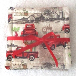COASTER SETS~Red Pick-Up Trucks~Fabric~Set Of 4~Reversible~Washable~Lined~Farmhouse Decor~NEW