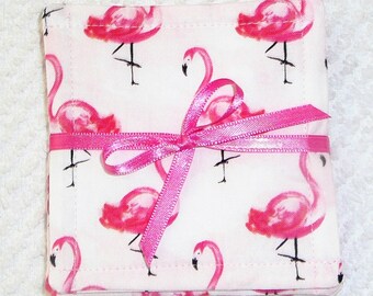 COASTER SET~"Pink Flamingos"~Tropical~Fabric~Set Of 4~Home Decor~Reversible~Washable~Lined~NEW