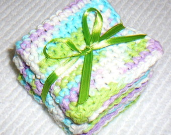 DISHCLOTHS~WASHCLOTHS~100% Cotton~Set Of 3~Crocheted~Reversible~Square~Colors Vary~NEW