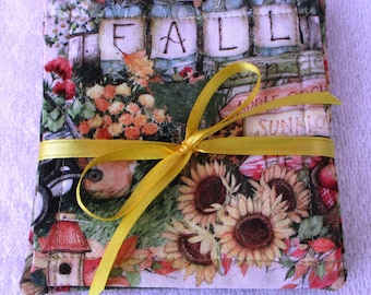 JUEGO DE POSAVASOS ~ "OTOÑO" ~ Calabazas ~ Árboles del bosque ~ Hojas ~ Jardín de otoño ~ Juego de 4 ~ Tela ~ Reversible ~ Lavable ~ Forrado ~ Decoración para el hogar y la mesa ~ Nuevo