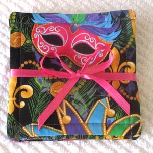 COASTER SET~&quot;Mardi Gras&quot;~Fabric~Set Of 4~Reversible~Washable~Lined~Home & Party Decor~New