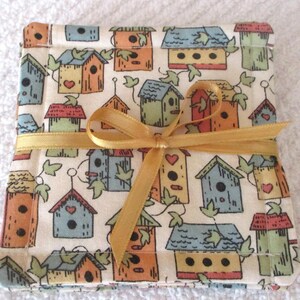 COASTER SETS~&quot;Birds & Birdhouses&quot;~Fabric~Set Of 4~Reversible~Washable~Lined~Top Stitched~Home Dining And Kitchen Decor~NEW