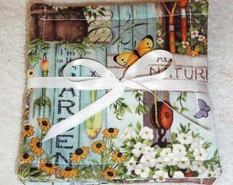 POSAVASOS ~JARDÍN~"Flores de Campo"~"Collage de Jardín"~Tela~Juego de 4~Reversible~Lavable~Forrado~Cosido~Decoración del Hogar~Nuevo