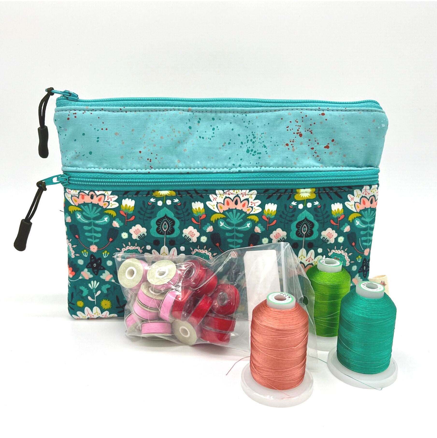 Small Zipper Pouch in Teal/Navy Print - Adi Treasures