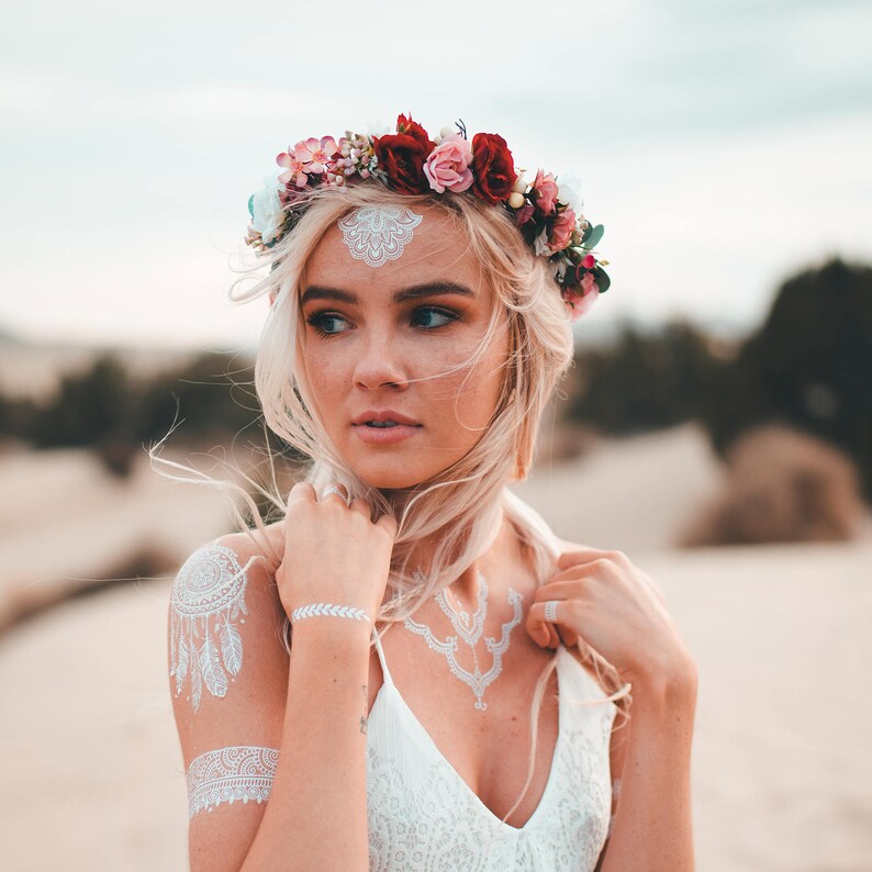 The SCARLET Halo Wildflower Halo Bohemian Bride Eucalyptus Flower Crown Bridal Halo Destination Wedding Pink Rose Flower Crown