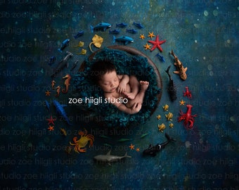 Newborn Ocean Backdrop: Sea Animals, Diver, Mermaid (Digital Download)