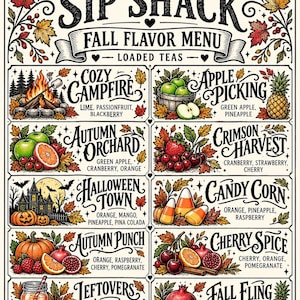 May include: A decorative menu titled The Sip Shack Fall Flavor Menu featuring ten illustrated tea options. Each section includes stylized text, colorful fruit and autumn leaf graphics, and lists ingredients like apple, orange, and pomegranate.