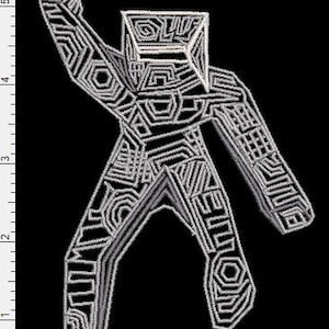 May include: A white geometric figure with arms raised on a black background. The figure is composed of interconnected lines and shapes, creating a complex, maze-like design. The overall form resembles a person.