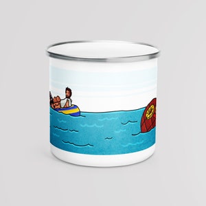 May include: A white enamel mug with a blue and yellow inner tube and a man in it floating on blue water. A red and white ball is partially submerged in the water.